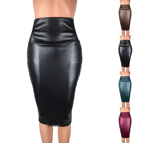 Office Skirt Skirt Blue Green Faux Leather High Waist Pencil Stretch Wet Look - Picture 2 of 22