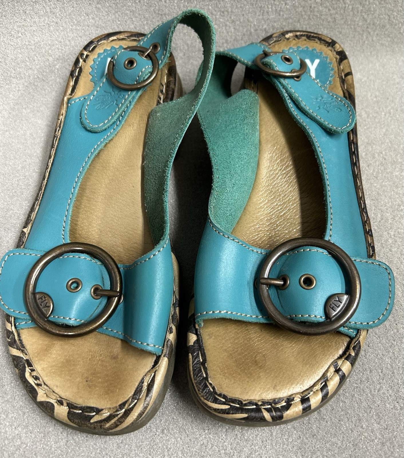FLY LONDON Tram Turquoise Blue Leather Low Wedge Sandals Shoes Size 6.5