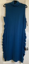 Marvin Richards Sweater Dress Teal Turtleneck Sleeveless Ruched Size XL New
