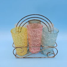 Vintage 1960’ MCM Lot of 6 Spaghetti String Tumblers Assorted Colors w/ Caddy