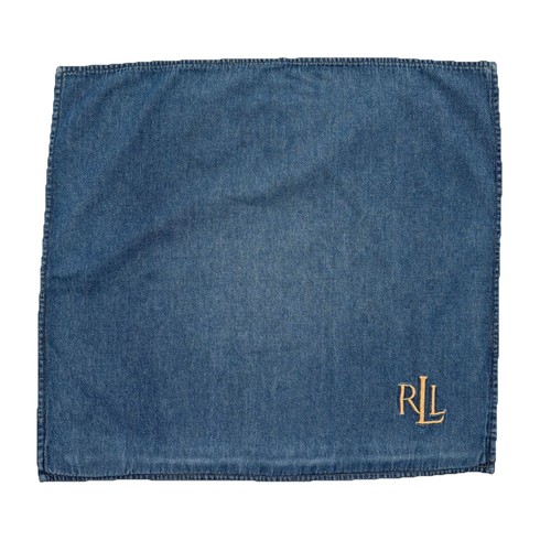 Ralph Lauren Blue Denim Chambray Throw Pillow Cover Embroidered Monogram 18”
