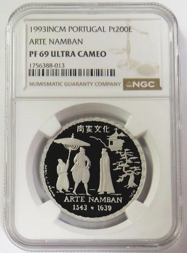 1993 PLATINUM PORTUGAL 200 ESCUDOS ARTE NAMBAN 1oz NGC PF 69 UC