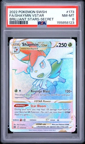 2022 POKEMON SWORD & SHIELD BRILLIANT STARS SECRET FULL ART/SHAYMIN VSTAR PSA 8