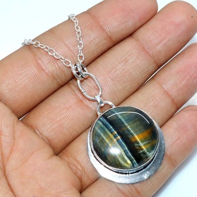 925 Silver Plated Huge Black Tiger Eye Necklace 18'' Gifts Most Beautiful GW