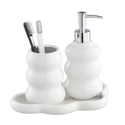 3-Piece White Ceramic Bathroom Accessories Set with Tray, Lotion Dispenser, and