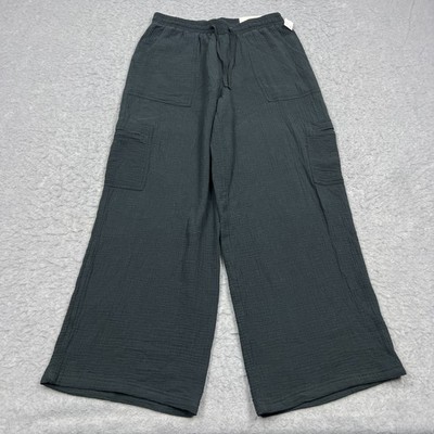 NEW Maurices Wide Leg Cargo Pants Women's 10 Black Pull On Stretch Cotton Gauze