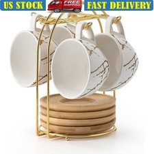 Stackable Porcelain Espresso Cups Set W/ Metal Frame Dishwasher Microwave Safe
