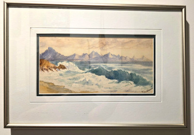 Framed Coastal Seascape Watercolor Painting Signed Panoramic Ocean Waves Art