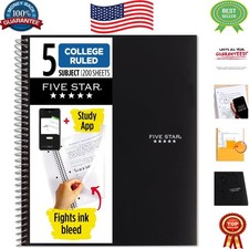 5 Subject Spiral Notebook  Study App, Ink Bleed Resistant, 200 Sheets, Black