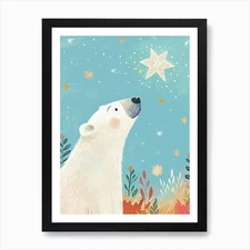 Polar Bear Looking At A Starry Sky  Framed Wall Art Poster Canvas Print Picture