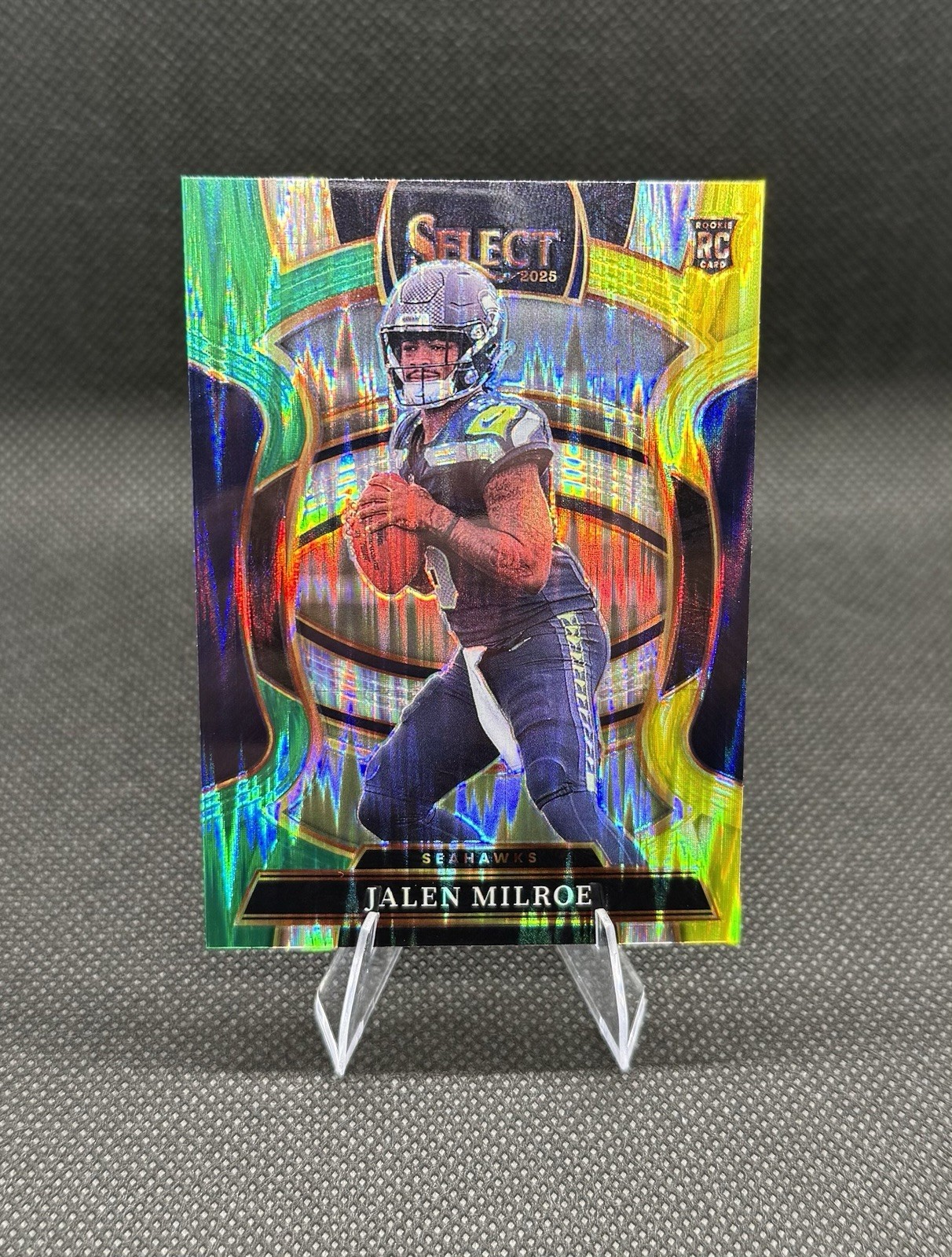2025 Panini Select - Jalen Milroe Green & Yellow Shock Prizm #14 Seahawks