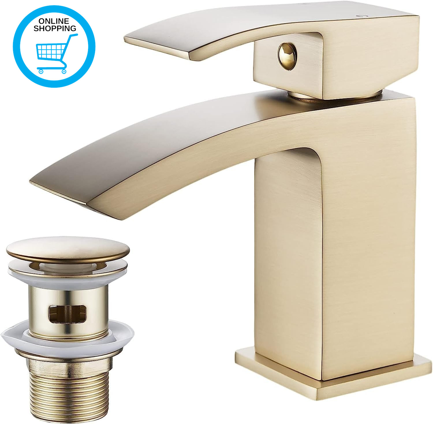 Brushed Gold Basin Taps with Waste Bathroom Waterfall Basin Taps Mixer Faucet
