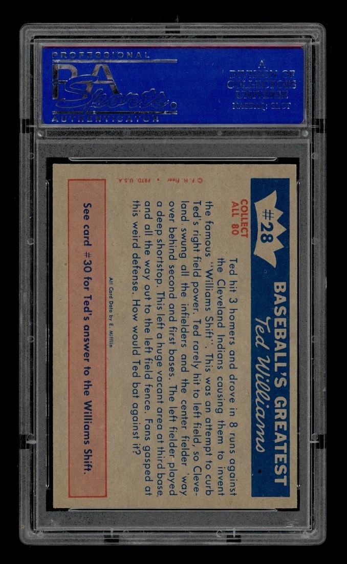 1959 Fleer Ted Williams Set-Break # 28 July 14, 1946-The SWilliams Shift PSA 8 view 2