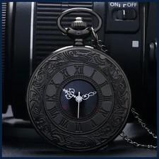 Vintage Charm Black Unisex Fashion Roman Number Quartz Steampunk Pocket Watch