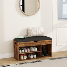 Shoe Bench PU Leather Storage Seat Wooden Frame Hidden Compartment Cubbies Brown