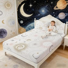 Stars and Moon Bedding Set Queen Size,Pink Golden Grey Shiny Planets Fitted ,...