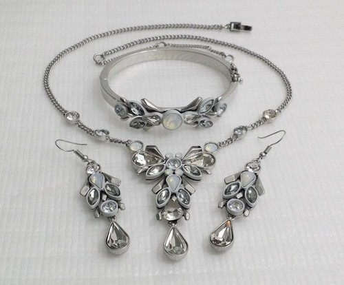 GIVENCHY Silver Tone Crystal Necklace Bracelet & Hook Dangle Earrings 3pcs Set