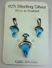 Sterling Silver Set Sparkly Blue CZ's Post Earrings Drop Pendant 3 Pc Set