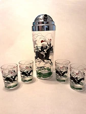 Hazel Atlas Tally Ho Fox Hunting 50s Cocktail Shaker Set Vtg 4 Tasting Glasses