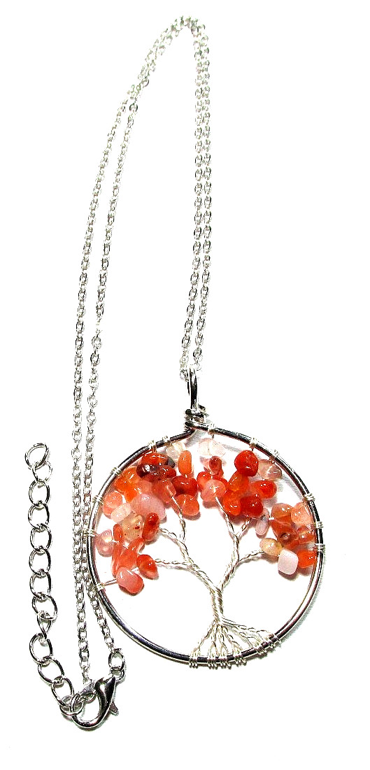 Silver Tone Red Jasper Semi Precious Stone Tree Of Life 20" Necklace-NEW (#3007)
