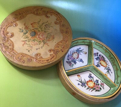 Hand Painted Divided Three Section Candy Dish Original Wood Box Japan Flowers