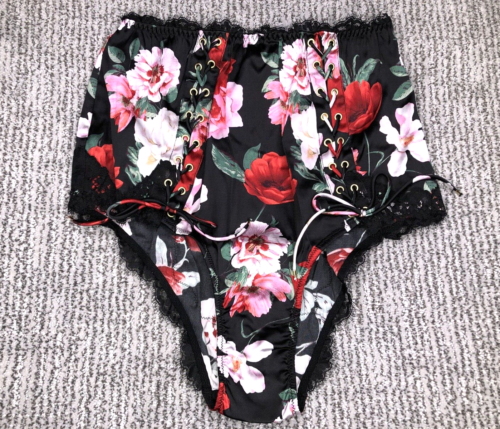 Victoria's Secret Atelier NWT Large Black Satin Lace Trim Brief Panty Floral