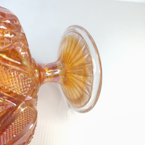 Marigold Carnival Glass Pedestal Bowl Vintage Imperial Hobstar Feather Pattern - Picture 7 of 16