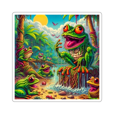 Retro Style 1980s Cartoon Sticker Rain Forest Frogs DMT Trippy Nature Jungle