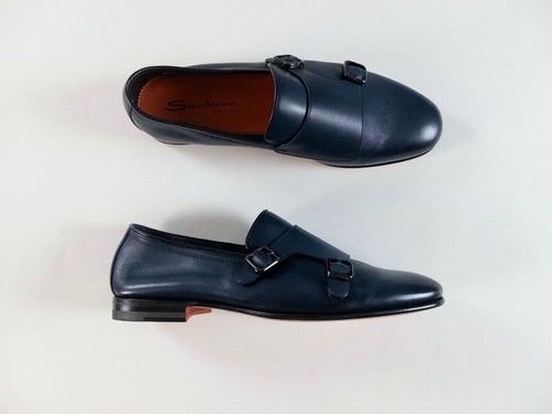 SANTONI blue leather double monk strap shoes Size 8.5 / 41.5 authentic Italy NWT