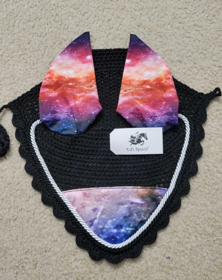 Almohadilla de silla de montar inglesa estilo galaxia caballo con capó de mosca a juego oreja red máscara velo Foto 2 de 3