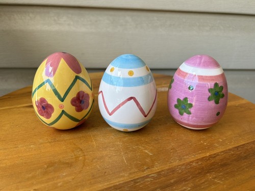 Easter Egg Floral Stripes Whimsy Ceramic Figurines Decor 3.5"-Set Of 3