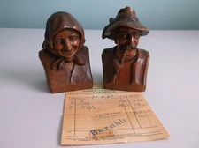 Hand Carved Wood Busts Mid Century Carving Old Man & Woman 1962 Receipt Germany