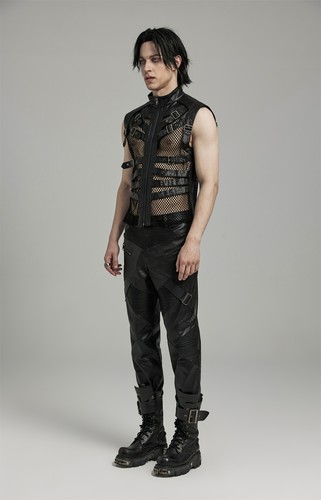 PUNK RAVE Men Black Gothic Punk Handsome Mesh Leather Loop Hollow Vest Waistcoat - Picture 18 of 21