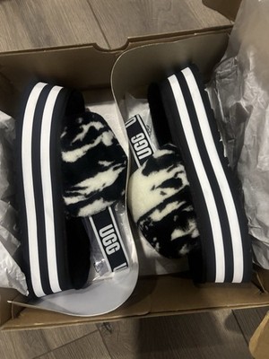 アグ ファーサンダル UGG DISCO MARBLE SLIDE UGG Disco Marble Slide Women's Fur Platform Slippers Black White
