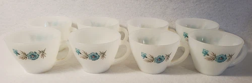Vintage Fire-King Oven Ware Bonnie Blue Carnation Coffee/Tea Cups Set of 8