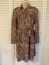 NWT Tommy Hilfiger Corduroy Paisley Dress Size 14 Puff Sleeves Western Hippie