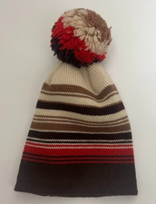 Vintage Wigwam Wool Beanie Cap 70s Brown Cream Orange Large Pom Ski