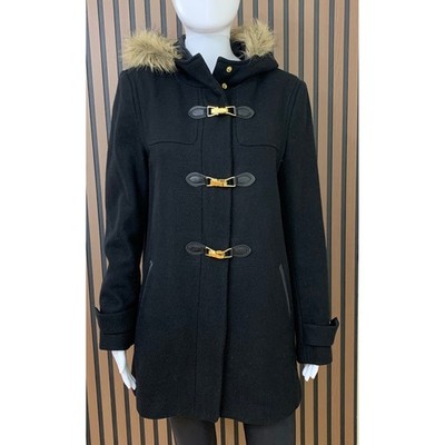 Cole Haan Signature Women's Black Wool Blend Hooded Coat Faux Fur Trim 10