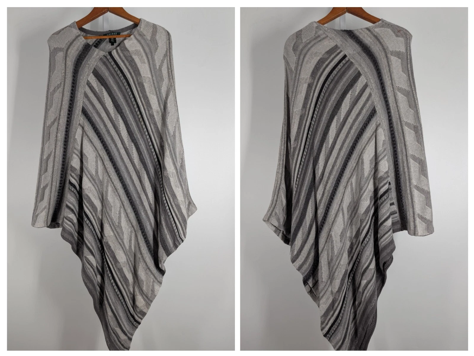Lauren Ralph Lauren Southwest Poncho L/XL Cotton Linen Gray Aztec Knit Cape Wrap