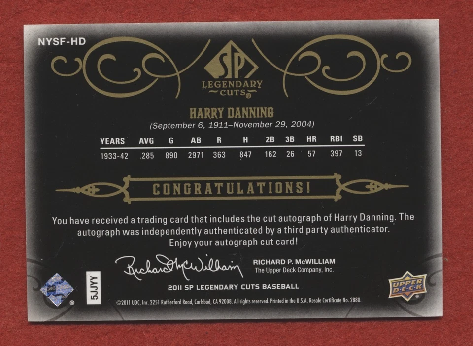 2011 SP Legendary Cuts - Black Cut Signatures Harry Danning #NYSF-HD /25 (AU) - Image 2 of 2