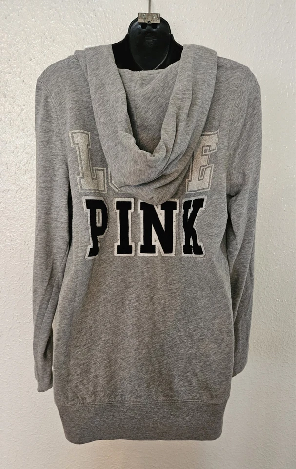 Victoria Secret ROSA Sudadera con Capucha Mujer Talla M Gris Canguro Bolsillo AMOR ROSA Foto 4 de 4