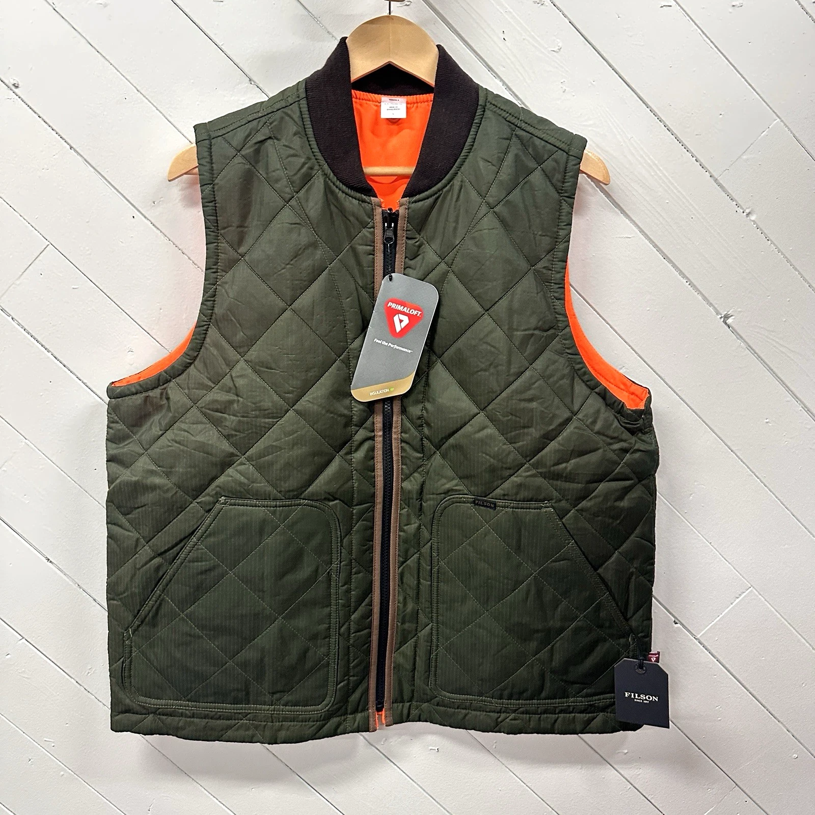 Filson Eagle Plains Vest Liner Men's Large Surplus Green / Blaze Orange NEW