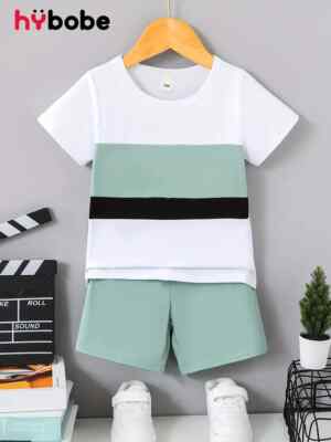 2-teiliges Jungen Freizeit Color Clash Kurzarm T-Shirt & einfarbige Shorts Set, 5-6