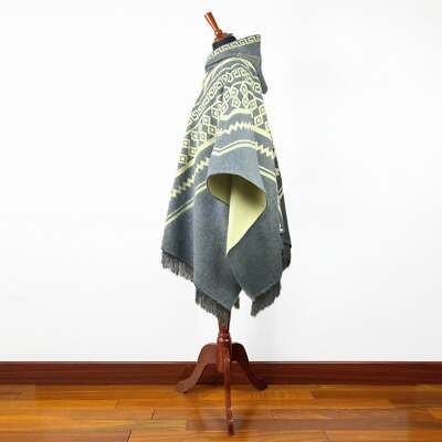 Alpaca wool Mens Unisex Hooded Poncho Aztec pattern all seasons