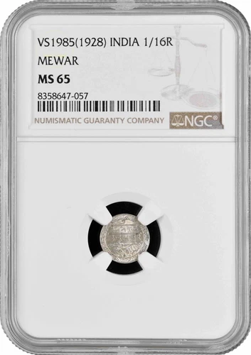 India 1/16 rupee BS 1985 (1928), NGC MS65, "Princely state of Mewar (1858-1949)"