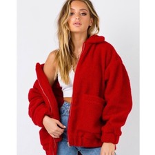 I Am Gia Pixie Oversized Teddy Sherpa Full Zip Jacket Fleece Coat Red Medium