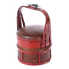 Antique Hand-Made Red Lacquer Chinese Covered Wedding Basket