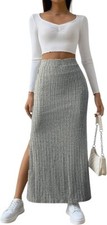 Women Casual Bodycon Stretchy Ribbed Knit Maxi Long Skirt Slit High Waist Pencil