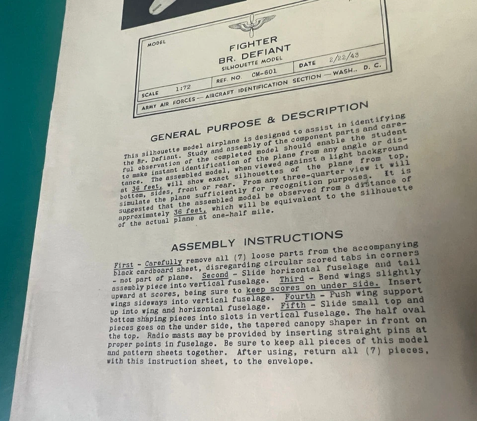USAAF AIRCRAFT RECOGNITION MODEL- BRITISH FIGHTER DEFIANT 2/43 - Image 3 of 4