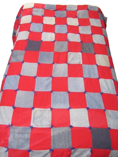 VTG Patchwork Denim Jean Comforter Quilt FULL 73”x 62” Blanket Red Blue Patch - Picture 3 of 12